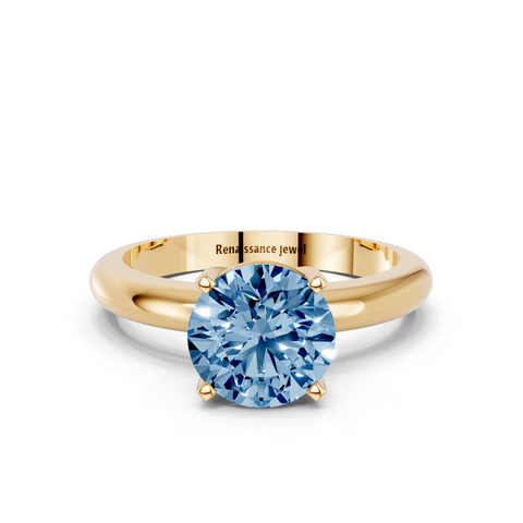 Yellow gold Fancy Blue Round  Cut Solitaire Engagement Ring with Round Band and Four-Prong Setting