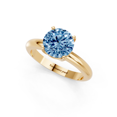 Yellow gold Fancy Blue Round  Cut Solitaire Engagement Ring with Round Band and Four-Prong Setting