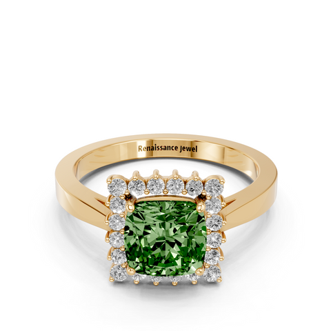 Yellow gold Fancy Green Cushion  Cut Diamond Halo Ring with Round Brilliant Halo and Solitaire Band