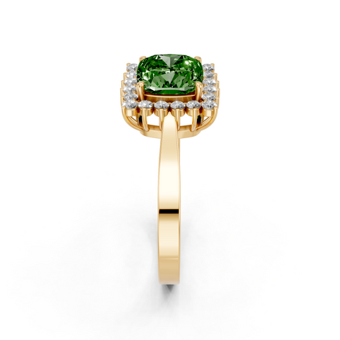 Yellow gold Fancy Green Cushion  Cut Diamond Pavé Band Solitaire Ring with Four-Prong Setting