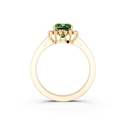 Yellow gold Fancy Green Cushion  Cut Diamond Pavé Band Solitaire Ring with Four-Prong Setting