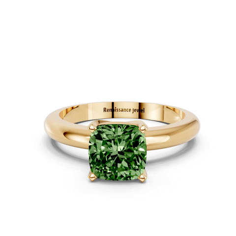 Yellow gold Fancy Green Cushion  Cut Solitaire Engagement Ring with Round Band and Four-Prong Setting