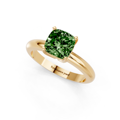 Yellow gold Fancy Green Cushion  Cut Solitaire Engagement Ring with Round Band and Four-Prong Setting