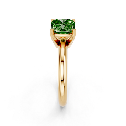 Yellow gold Fancy Green Cushion  Cut Solitaire Engagement Ring with Round Band and Four-Prong Setting