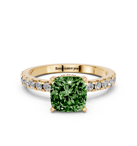 Yellow gold Fancy Green Cushion  Solitaire Diamond Pavé Band with Four-Prong Setting