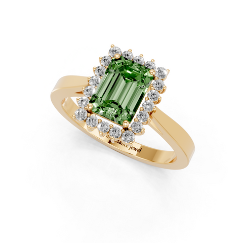 Yellow gold Fancy Green Emerald  Cut Diamond Halo Ring with Round Brilliant Halo and Solitaire Band