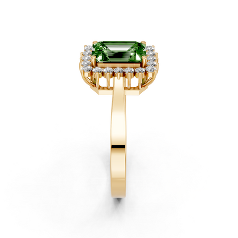 Yellow gold Fancy Green Emerald  Cut Diamond Halo Ring with Round Brilliant Halo and Solitaire Band