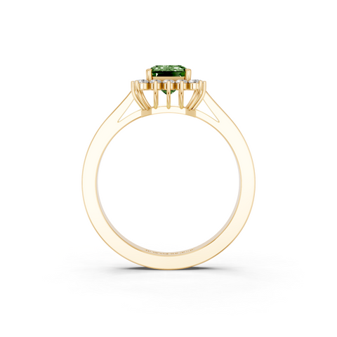 Yellow gold Fancy Green Emerald  Cut Diamond Halo Ring with Round Brilliant Halo and Solitaire Band