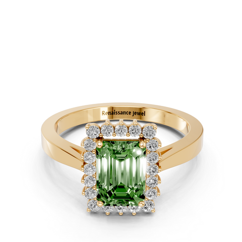 Yellow gold Fancy Green Emerald  Cut Diamond Halo Ring with Round Brilliant Halo and Solitaire Band