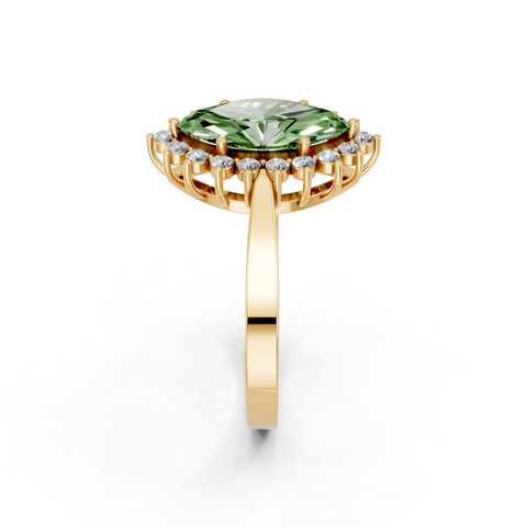 Yellow gold Fancy Green Marquise  Cut Diamond Halo Ring with Round Brilliant Halo and Solitaire Band