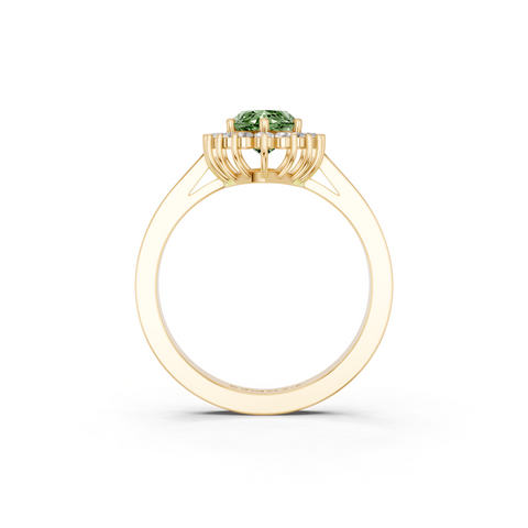Yellow gold Fancy Green Marquise  Cut Diamond Halo Ring with Round Brilliant Halo and Solitaire Band