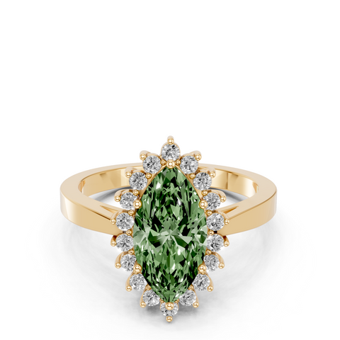 Yellow gold Fancy Green Marquise  Cut Diamond Halo Ring with Round Brilliant Halo and Solitaire Band