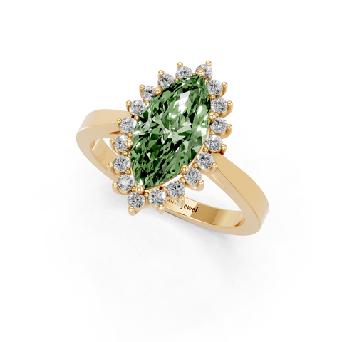 Yellow gold Fancy Green Marquise  Cut Diamond Pavé Band Solitaire Ring with Four-Prong Setting