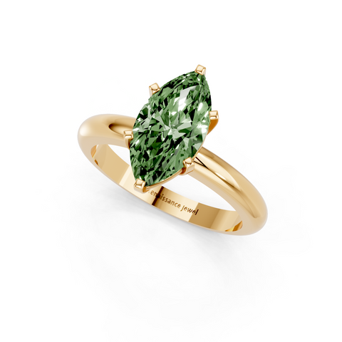 Yellow gold Fancy Green Marquise  Cut Solitaire Engagement Ring with Round Band and Four-Prong Setting