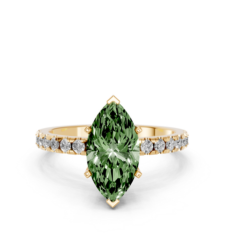 Yellow gold Fancy Green Marquise  Solitaire Diamond Pavé Band with Four-Prong Setting
