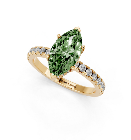Yellow gold Fancy Green Marquise  Solitaire Diamond Pavé Band with Four-Prong Setting