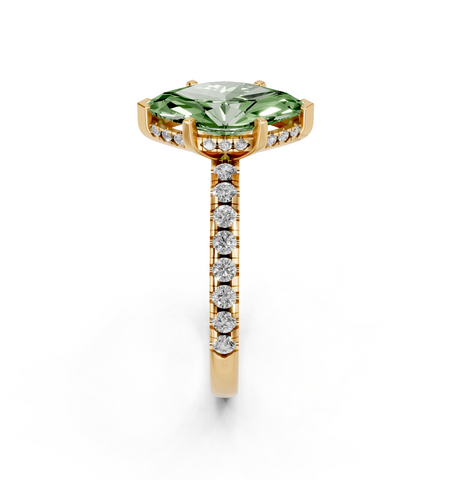 Yellow gold Fancy Green Marquise  Solitaire Diamond Pavé Band with Four-Prong Setting