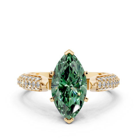 Yellow gold Fancy Green Marquise  Solitaire Pavé Diamond Engagement Ring with Four-Prong Setting