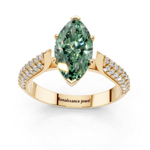 Yellow gold Fancy Green Marquise  Solitaire Pavé Diamond Engagement Ring with Four-Prong Setting