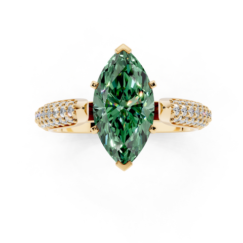 Yellow gold Fancy Green Marquise  Solitaire Pavé Diamond Engagement Ring with Four-Prong Setting