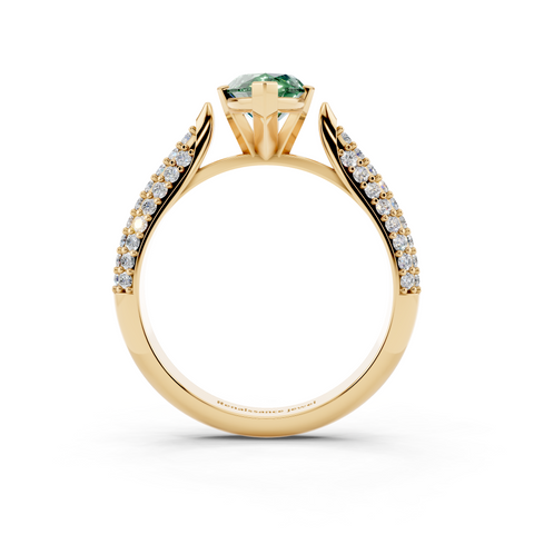 Yellow gold Fancy Green Marquise  Solitaire Pavé Diamond Engagement Ring with Four-Prong Setting