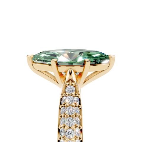 Yellow gold Fancy Green Marquise  Solitaire Pavé Diamond Engagement Ring with Four-Prong Setting