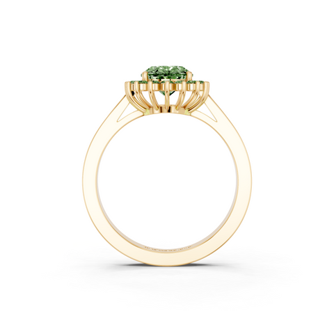 Yellow gold Fancy Green Oval  Cut Diamond Halo Ring with Round Brilliant Halo and Solitaire Band