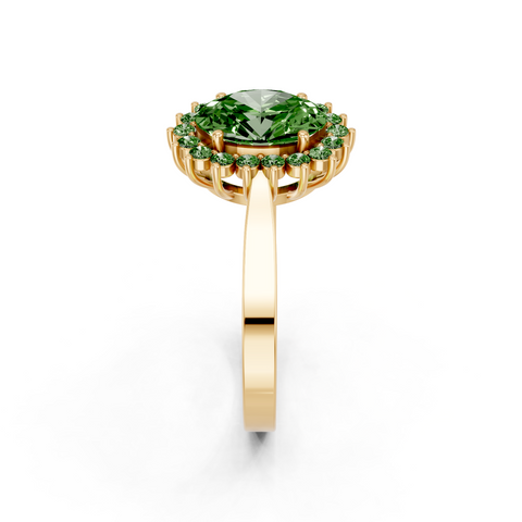 Yellow gold Fancy Green Oval  Cut Diamond Pavé Band Solitaire Ring with Four-Prong Setting