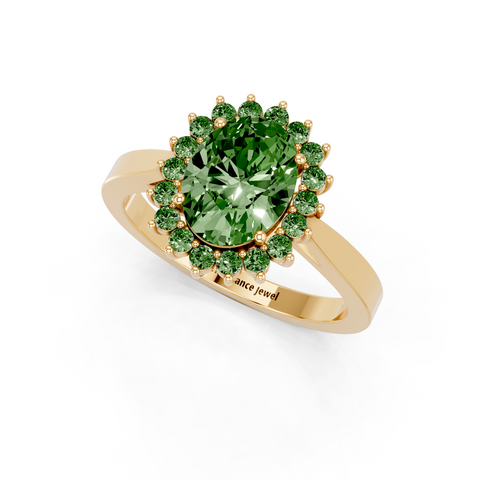 Yellow gold Fancy Green Oval  Cut Diamond Pavé Band Solitaire Ring with Four-Prong Setting