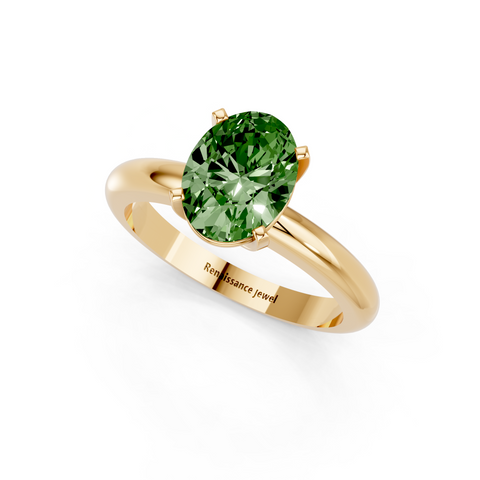 Yellow gold Fancy Green Oval  Cut Solitaire Engagement Ring with Round Band and Four-Prong Setting