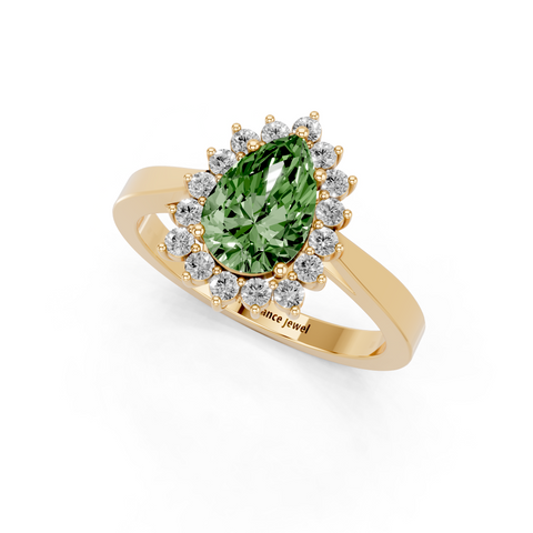 Yellow gold Fancy Green Pear  Cut Diamond Halo Ring with Round Brilliant Halo and Solitaire Band
