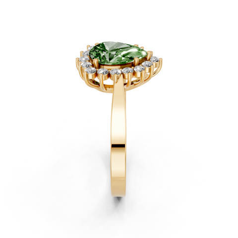 Yellow gold Fancy Green Pear  Cut Diamond Halo Ring with Round Brilliant Halo and Solitaire Band