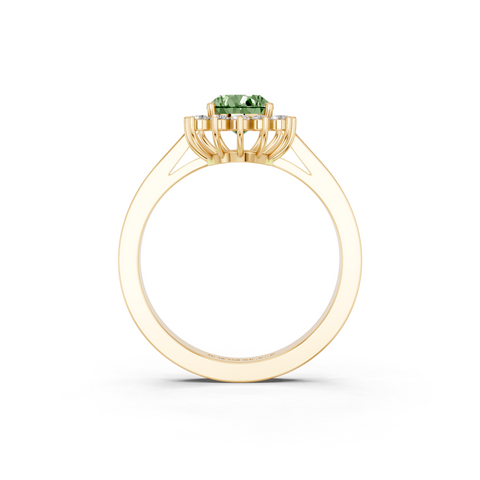 Yellow gold Fancy Green Pear  Cut Diamond Halo Ring with Round Brilliant Halo and Solitaire Band