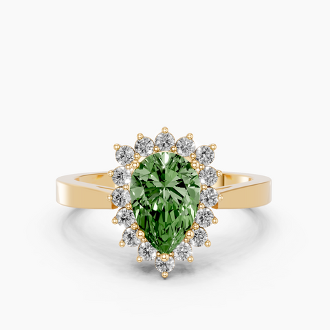 Yellow gold Fancy Green Pear  Cut Diamond Halo Ring with Round Brilliant Halo and Solitaire Band