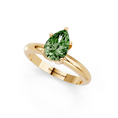 Yellow gold Fancy Green Pear  Cut Solitaire Engagement Ring with Round Band and Four-Prong Setting