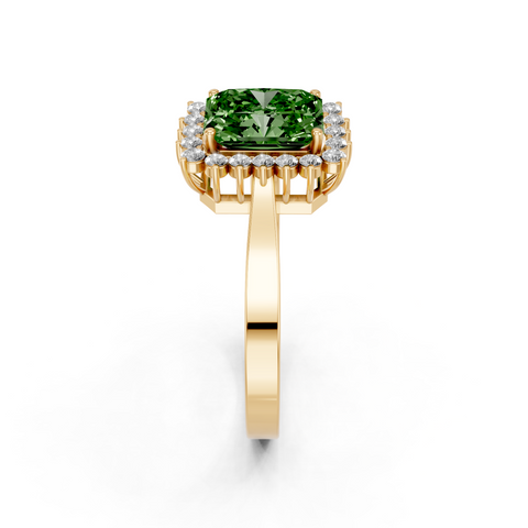 Yellow gold Fancy Green Radiant  Cut Diamond Halo Ring with Round Brilliant Halo and Solitaire Band