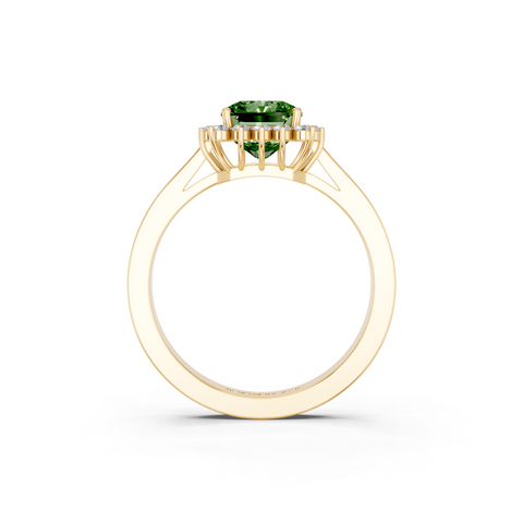 Yellow gold Fancy Green Radiant  Cut Diamond Halo Ring with Round Brilliant Halo and Solitaire Band