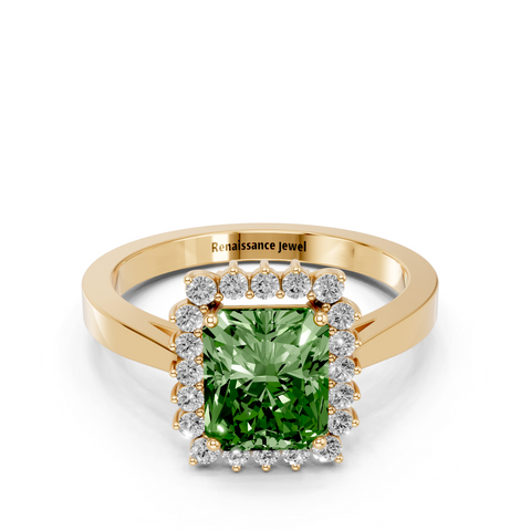 Yellow gold Fancy Green Radiant  Cut Diamond Halo Ring with Round Brilliant Halo and Solitaire Band
