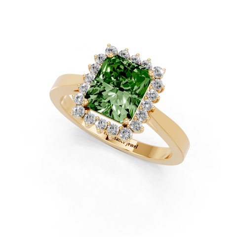 Yellow gold Fancy Green Radiant  Cut Diamond Pavé Band Solitaire Ring with Four-Prong Setting