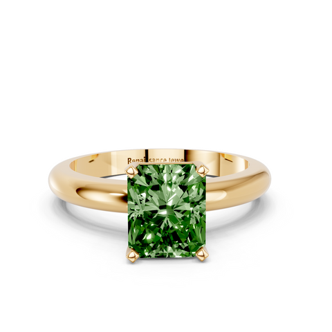 Yellow gold Fancy Green Radiant  Cut Solitaire Engagement Ring with Round Band and Four-Prong Setting