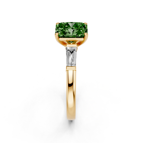 Yellow gold Fancy Green Radiant  Solitaire with Tapered Baguette Side Stones on a Classic Band with Four-Prong Setting