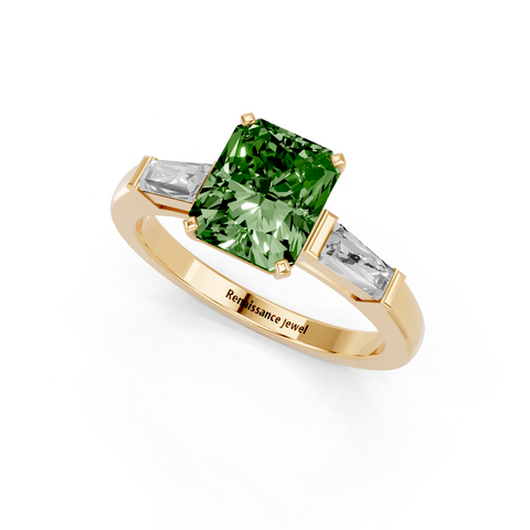 Yellow gold Fancy Green Radiant  Solitaire with Tapered Baguette Side Stones on a Classic Band with Four-Prong Setting