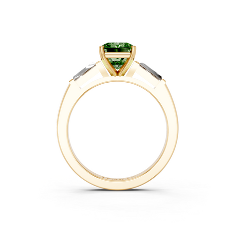 Yellow gold Fancy Green Radiant  Solitaire with Tapered Baguette Side Stones on a Classic Band with Four-Prong Setting