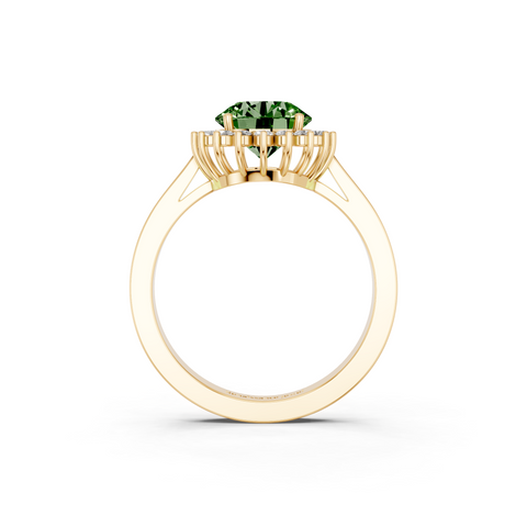 Yellow gold Fancy Green Round  Cut Diamond Halo Ring with Round Brilliant Halo and Solitaire Band