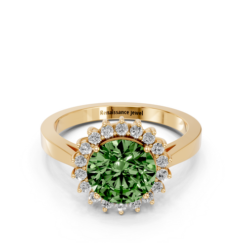Yellow gold Fancy Green Round  Cut Diamond Halo Ring with Round Brilliant Halo and Solitaire Band