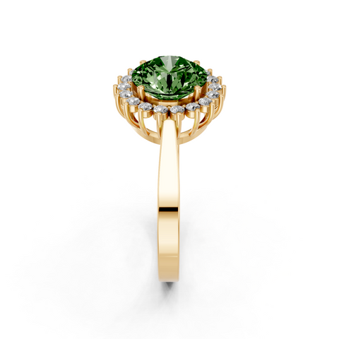 Yellow gold Fancy Green Round  Cut Diamond Pavé Band Solitaire Ring with Four-Prong Setting