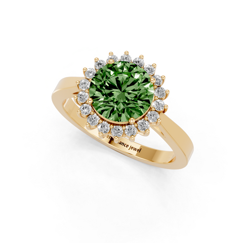 Yellow gold Fancy Green Round  Cut Diamond Pavé Band Solitaire Ring with Four-Prong Setting