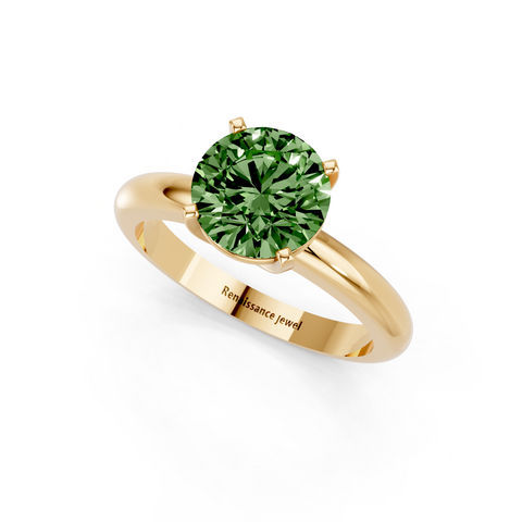 Yellow gold Fancy Green Round  Cut Solitaire Engagement Ring with Round Band and Four-Prong Setting