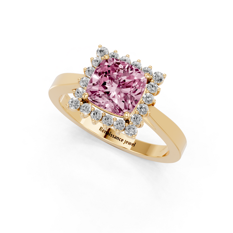 Yellow gold Fancy Pink Cushion  Cut Diamond Halo Ring with Round Brilliant Halo and Solitaire Band