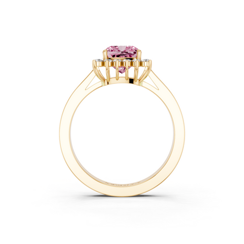 Yellow gold Fancy Pink Cushion  Cut Diamond Halo Ring with Round Brilliant Halo and Solitaire Band